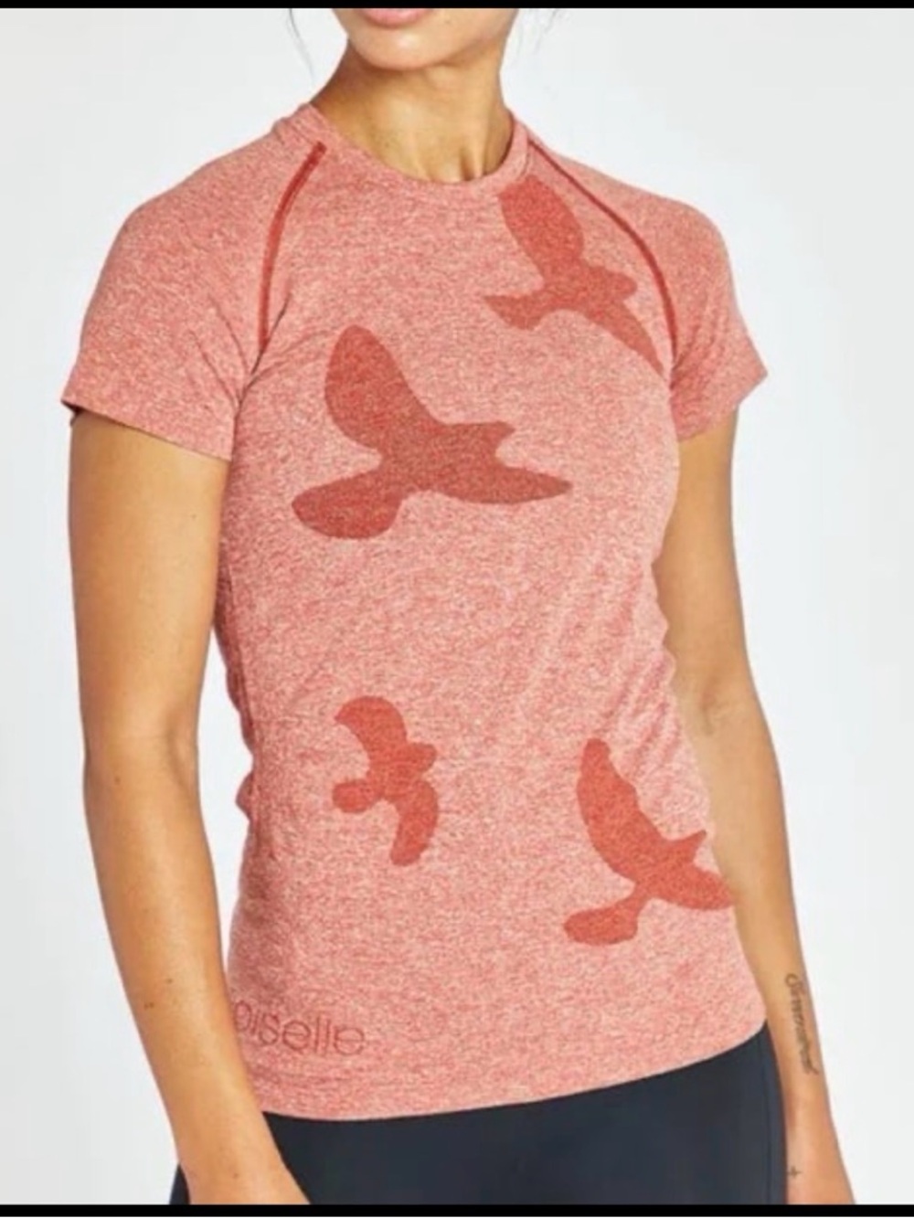 Oiselle Flyte Running Tee Orange Heather Bird Print Short Sleeve Athletic Top M - Picture 6 of 6
